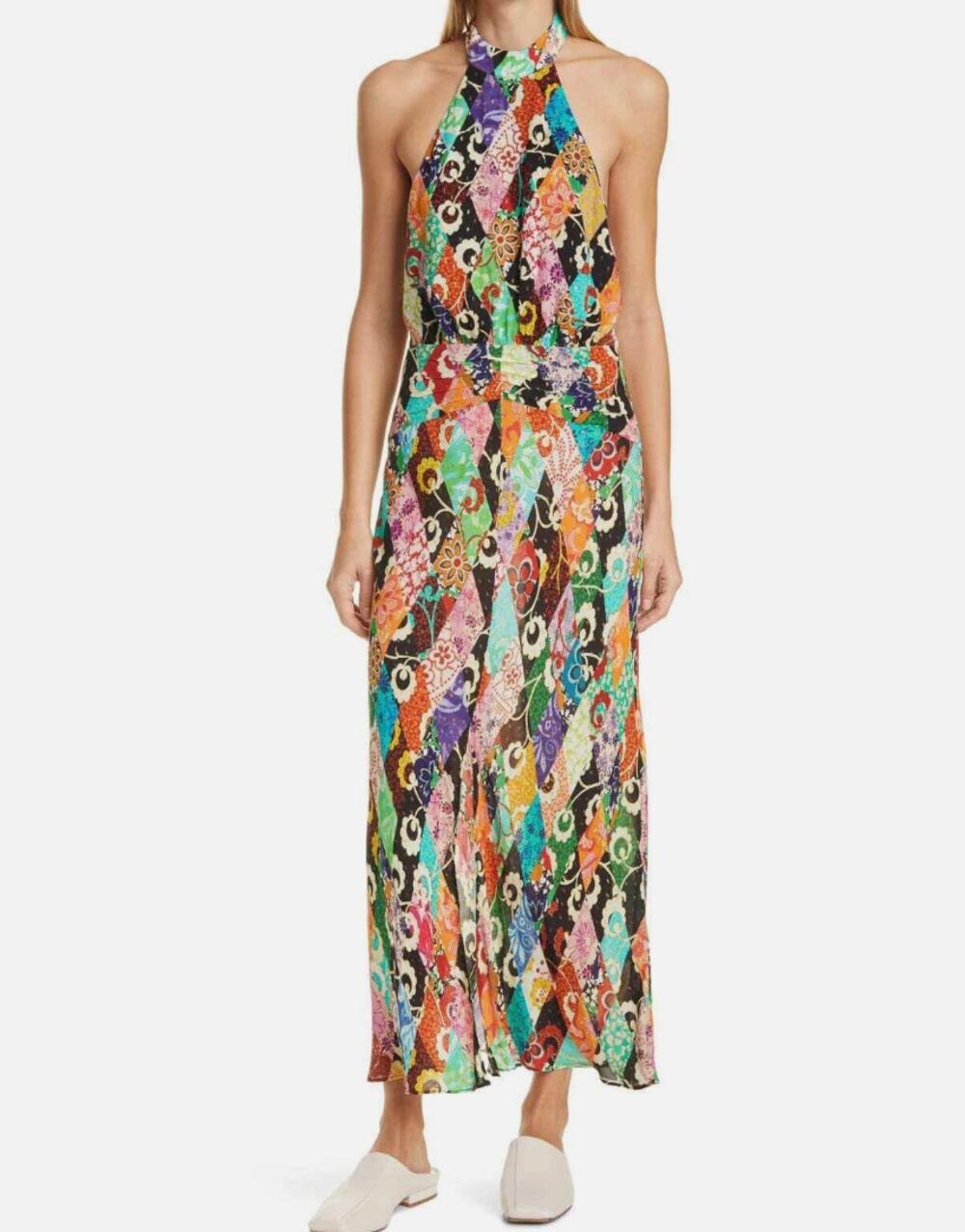 Rixo Kendra Metallic Fiber Pattern Halter Neck Backless Dress Size XL